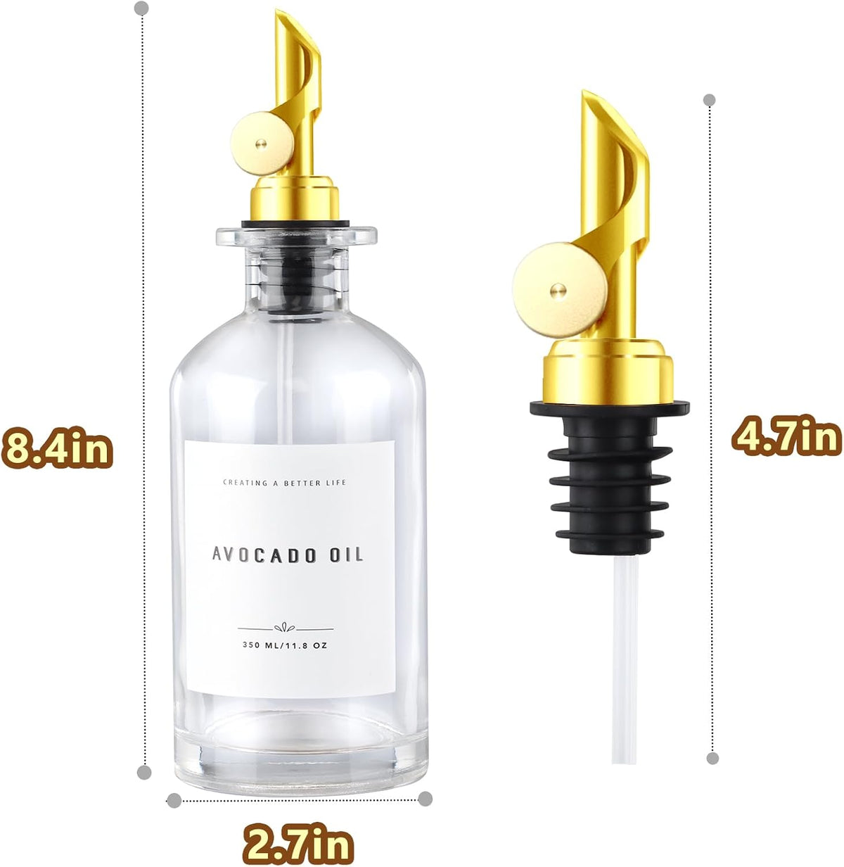 11.8 oz Olive Oil Dispenser Bottle with Bamboo Tray, Gold Metal Pour Spout | Oil and Vinegar Dispenser Set, Coffee Syrup & Cooking Oil Glass Dispenser for Kitchen - Set of 2