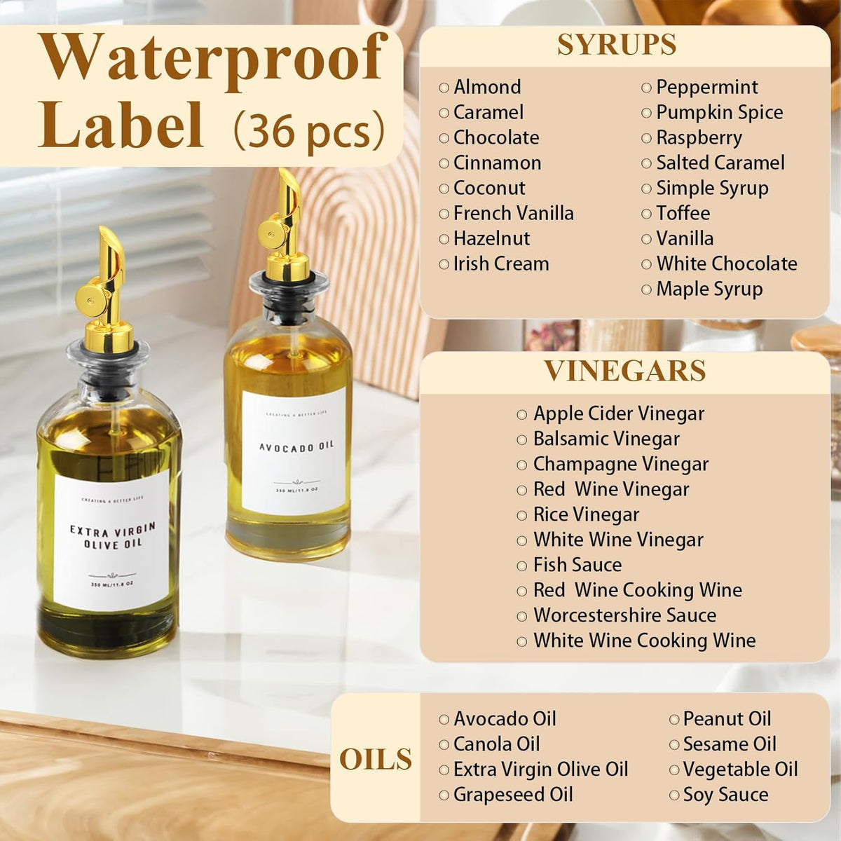 11.8 oz Olive Oil Dispenser Bottle with Bamboo Tray, Gold Metal Pour Spout | Oil and Vinegar Dispenser Set, Coffee Syrup & Cooking Oil Glass Dispenser for Kitchen - Set of 2
