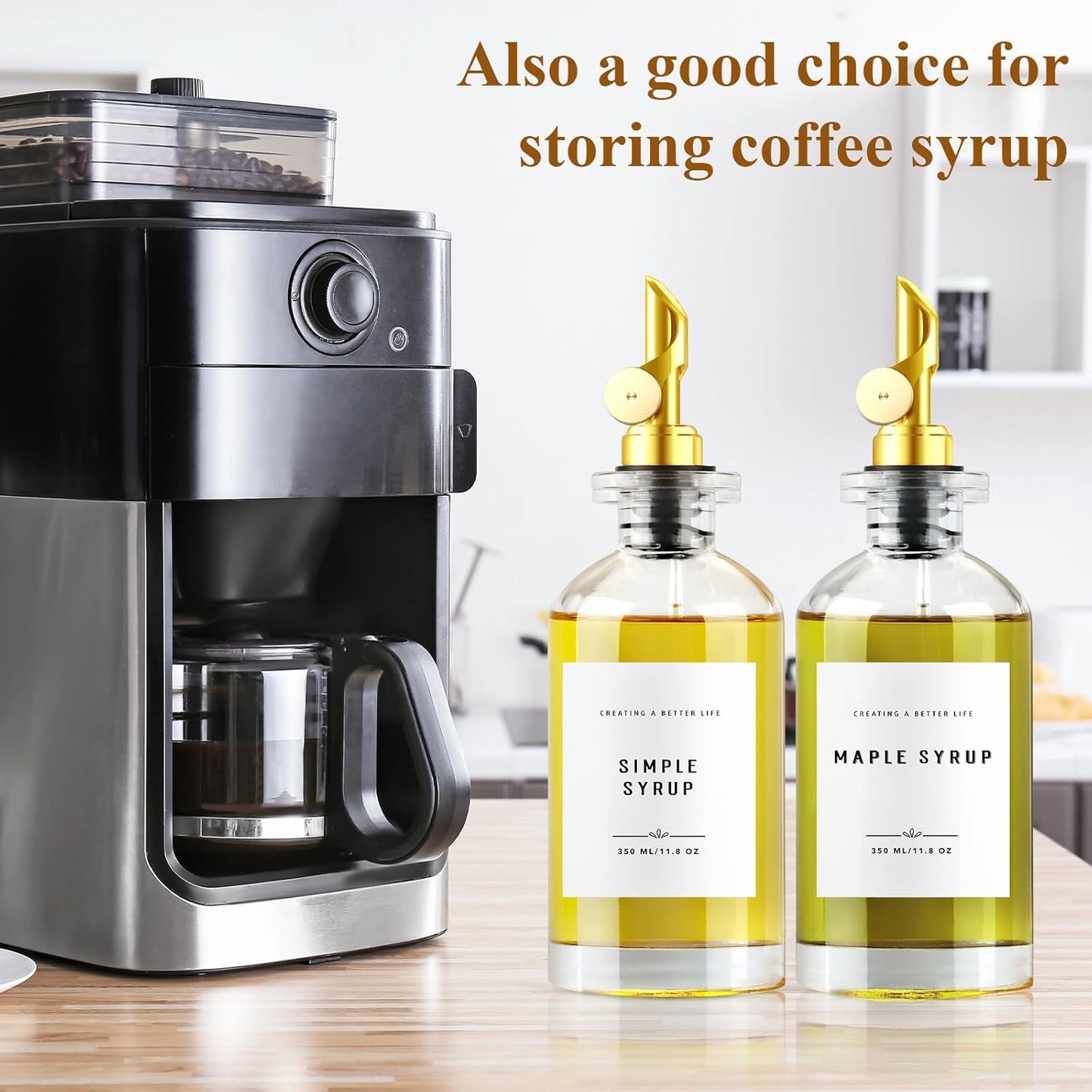 11.8 oz Olive Oil Dispenser Bottle with Bamboo Tray, Gold Metal Pour Spout | Oil and Vinegar Dispenser Set, Coffee Syrup & Cooking Oil Glass Dispenser for Kitchen - Set of 2