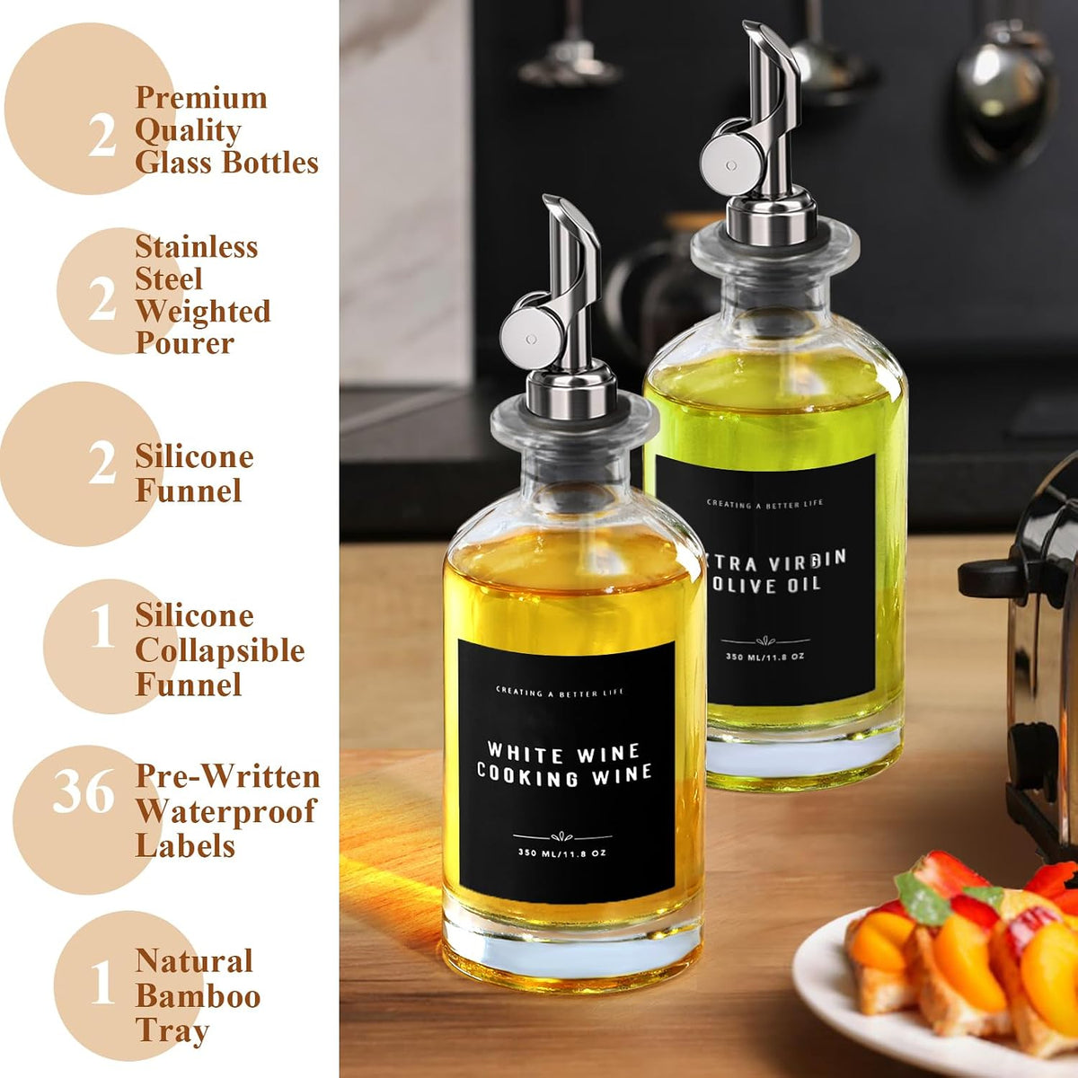 11.8 oz Olive Oil Dispenser Bottle with Bamboo Tray, Gold Metal Pour Spout | Oil and Vinegar Dispenser Set, Coffee Syrup & Cooking Oil Glass Dispenser for Kitchen - Set of 2