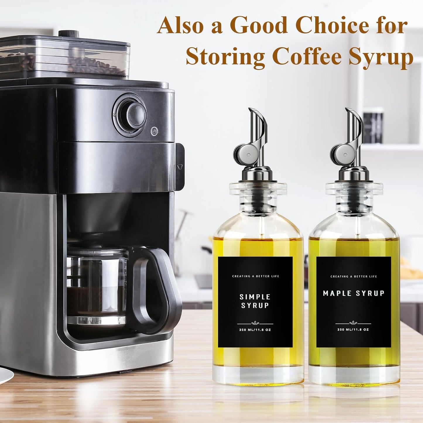 11.8 oz Olive Oil Dispenser Bottle with Bamboo Tray, Gold Metal Pour Spout | Oil and Vinegar Dispenser Set, Coffee Syrup & Cooking Oil Glass Dispenser for Kitchen - Set of 2