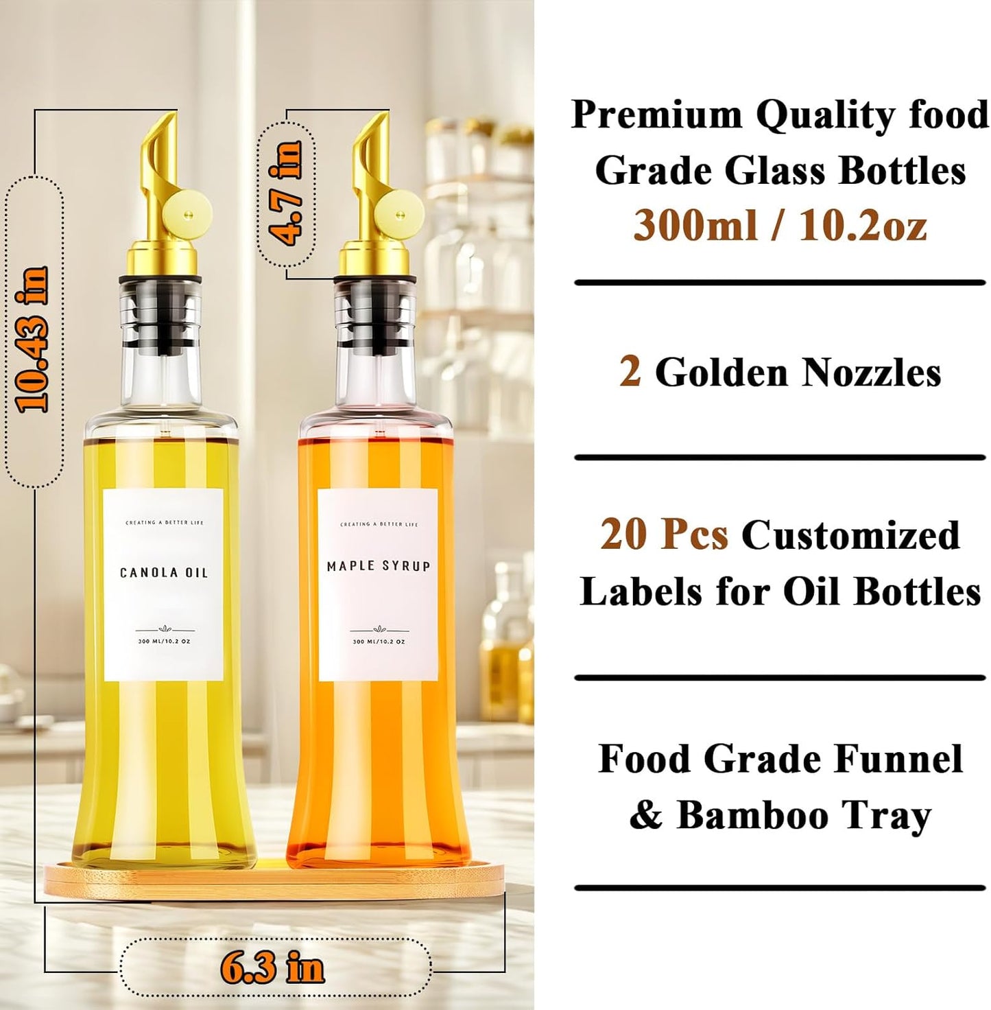 11.8 oz Olive Oil Dispenser Bottle with Bamboo Tray, Gold Metal Pour Spout | Oil and Vinegar Dispenser Set, Coffee Syrup & Cooking Oil Glass Dispenser for Kitchen - Set of 2