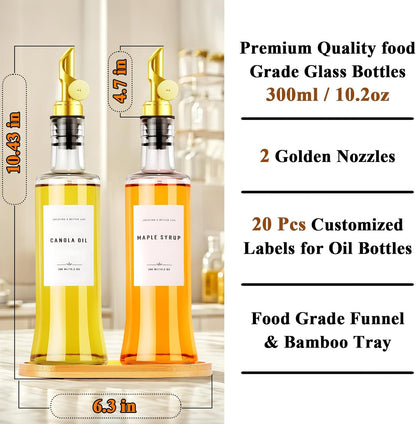 11.8 oz Olive Oil Dispenser Bottle with Bamboo Tray, Gold Metal Pour Spout | Oil and Vinegar Dispenser Set, Coffee Syrup & Cooking Oil Glass Dispenser for Kitchen - Set of 2