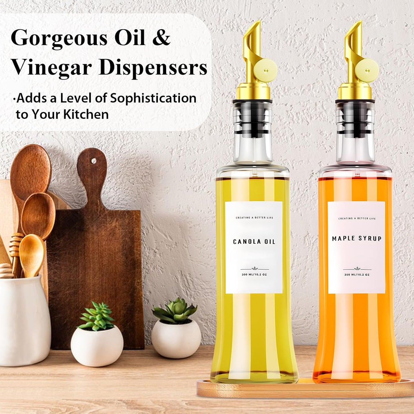 11.8 oz Olive Oil Dispenser Bottle with Bamboo Tray, Gold Metal Pour Spout | Oil and Vinegar Dispenser Set, Coffee Syrup & Cooking Oil Glass Dispenser for Kitchen - Set of 2
