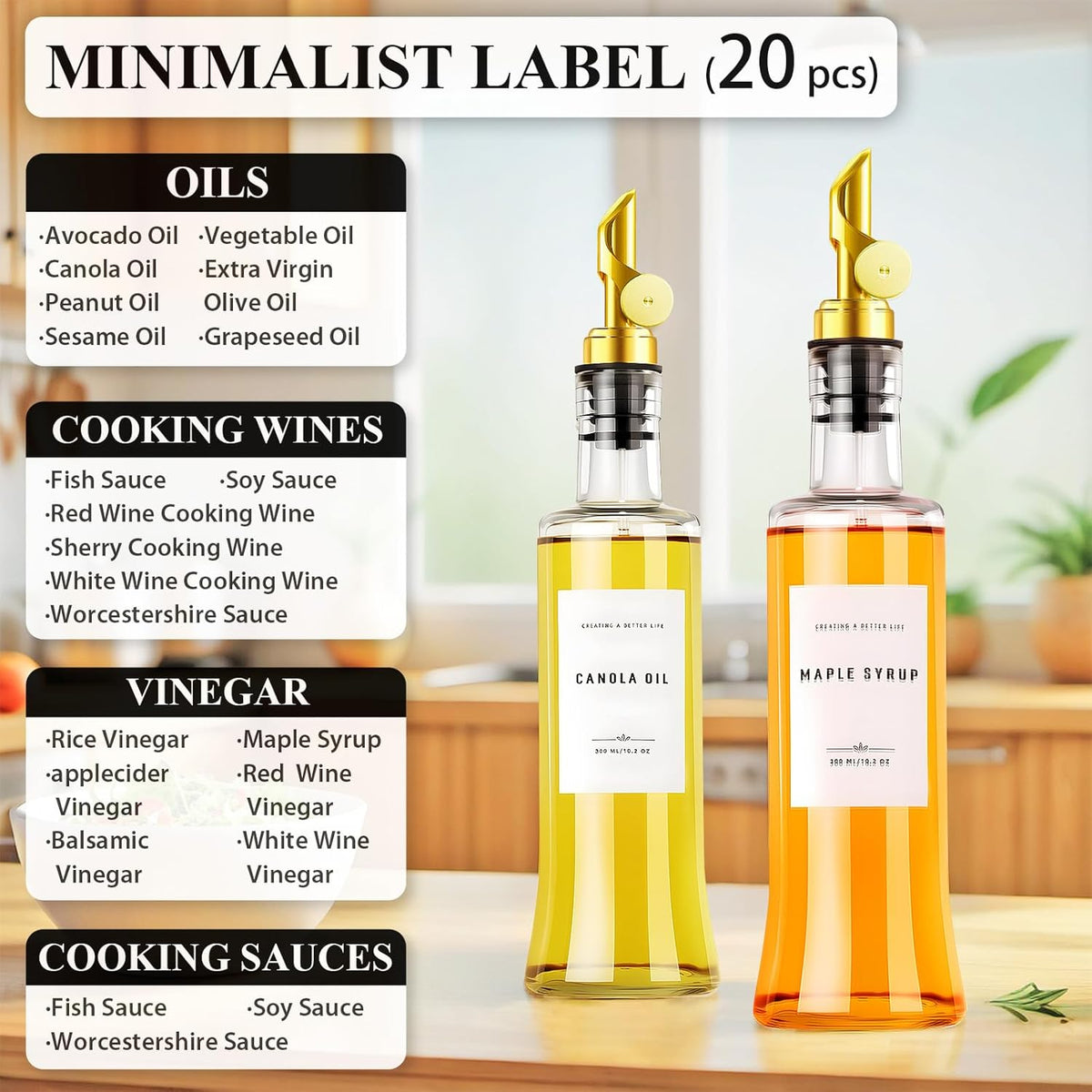 11.8 oz Olive Oil Dispenser Bottle with Bamboo Tray, Gold Metal Pour Spout | Oil and Vinegar Dispenser Set, Coffee Syrup & Cooking Oil Glass Dispenser for Kitchen - Set of 2