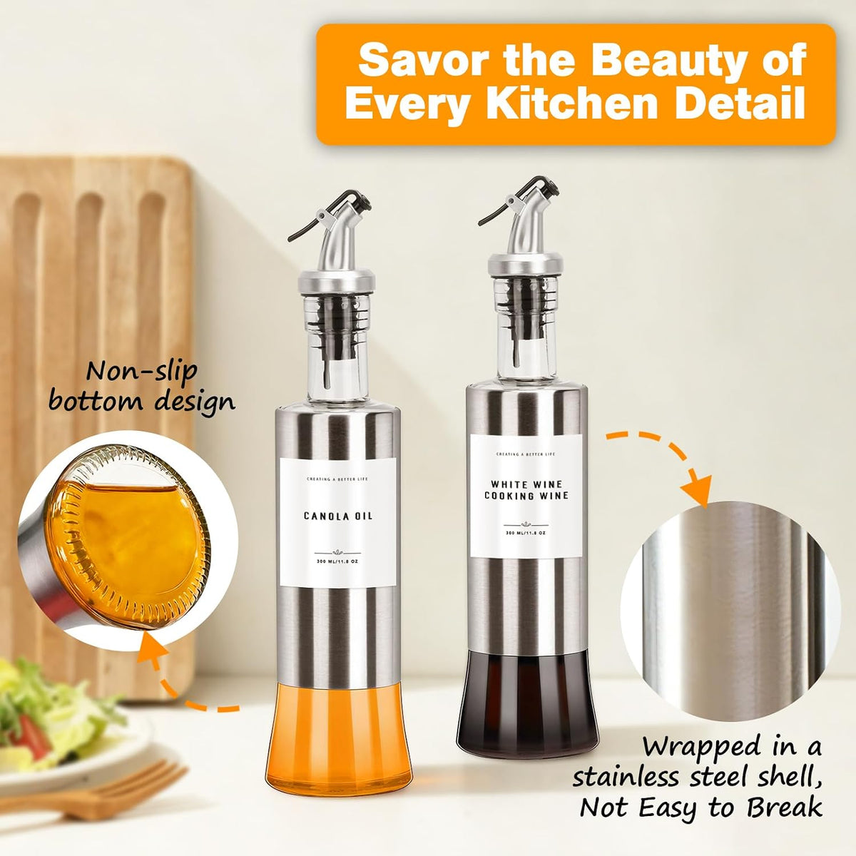 11.8 oz Olive Oil Dispenser Bottle with Bamboo Tray, Gold Metal Pour Spout | Oil and Vinegar Dispenser Set, Coffee Syrup & Cooking Oil Glass Dispenser for Kitchen - Set of 2