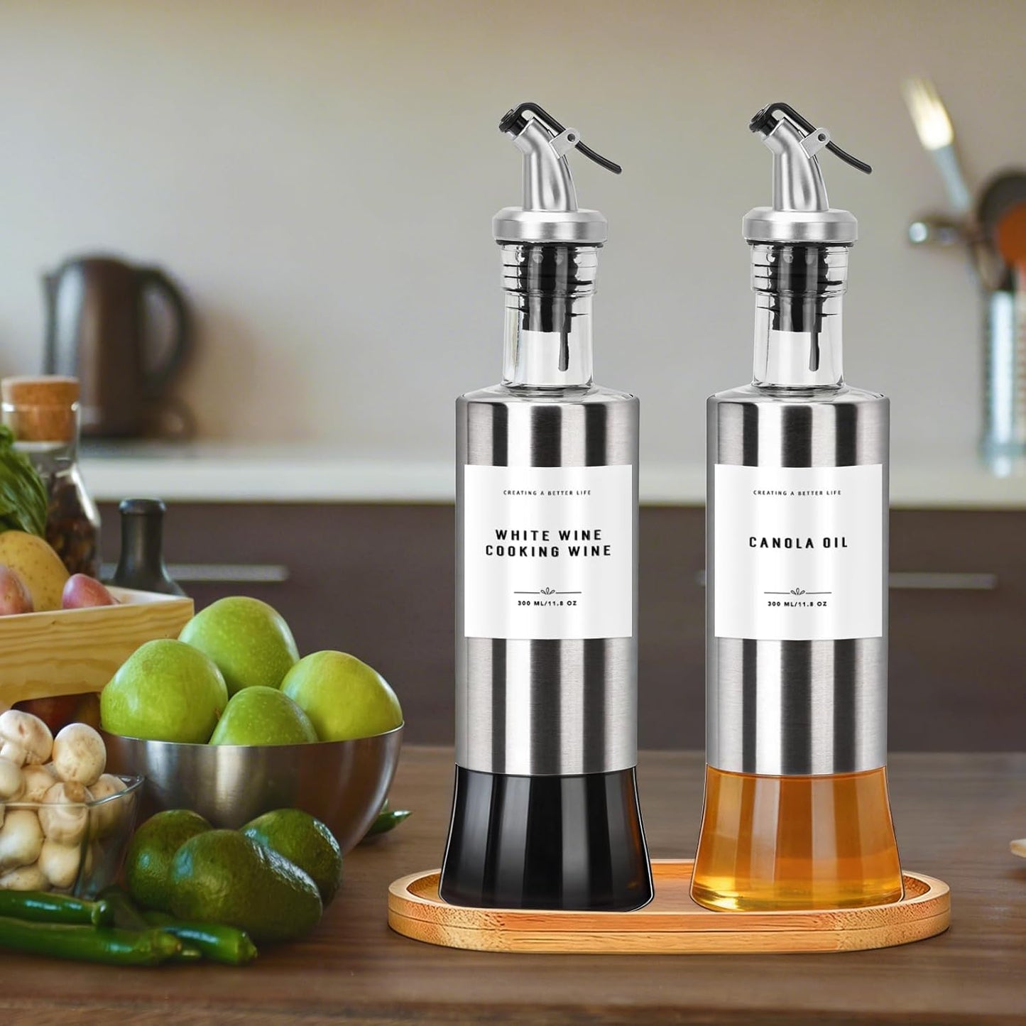 11.8 oz Olive Oil Dispenser Bottle with Bamboo Tray, Gold Metal Pour Spout | Oil and Vinegar Dispenser Set, Coffee Syrup & Cooking Oil Glass Dispenser for Kitchen - Set of 2