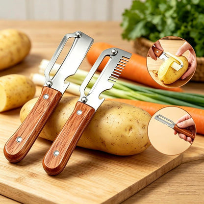 2026 Upgrade 3-in-1 Veg Peeler, Wood Handle Thick Stainless Steel Wide Blade, Scallion Shredder & Bottle Opener, Ultra-Sharp Multi Peeler for Potato Carrot Kitchen Camping Travel (1pcs+1ps)