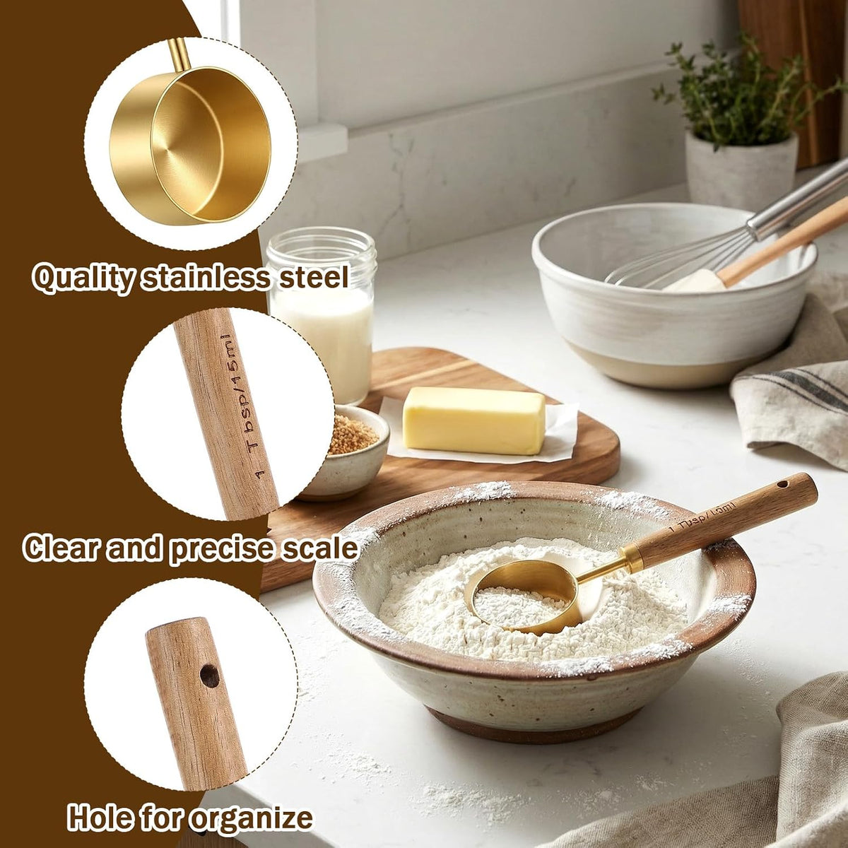 2Pcs Stainless Steel Wood 1Teaspoon Scoop, Wood Handle Coffee Scoop