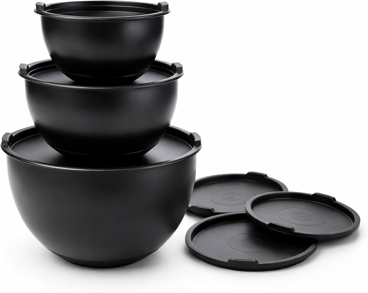 Matte Black Stainless Steel Mixing Bowls with Lids Set (3-Piece) - Nesting Bowls for Cooking, Baking, Salads & Serving - 1.5 QT, 3 QT & 5 QT - Modern Kitchen Essentials by Samma