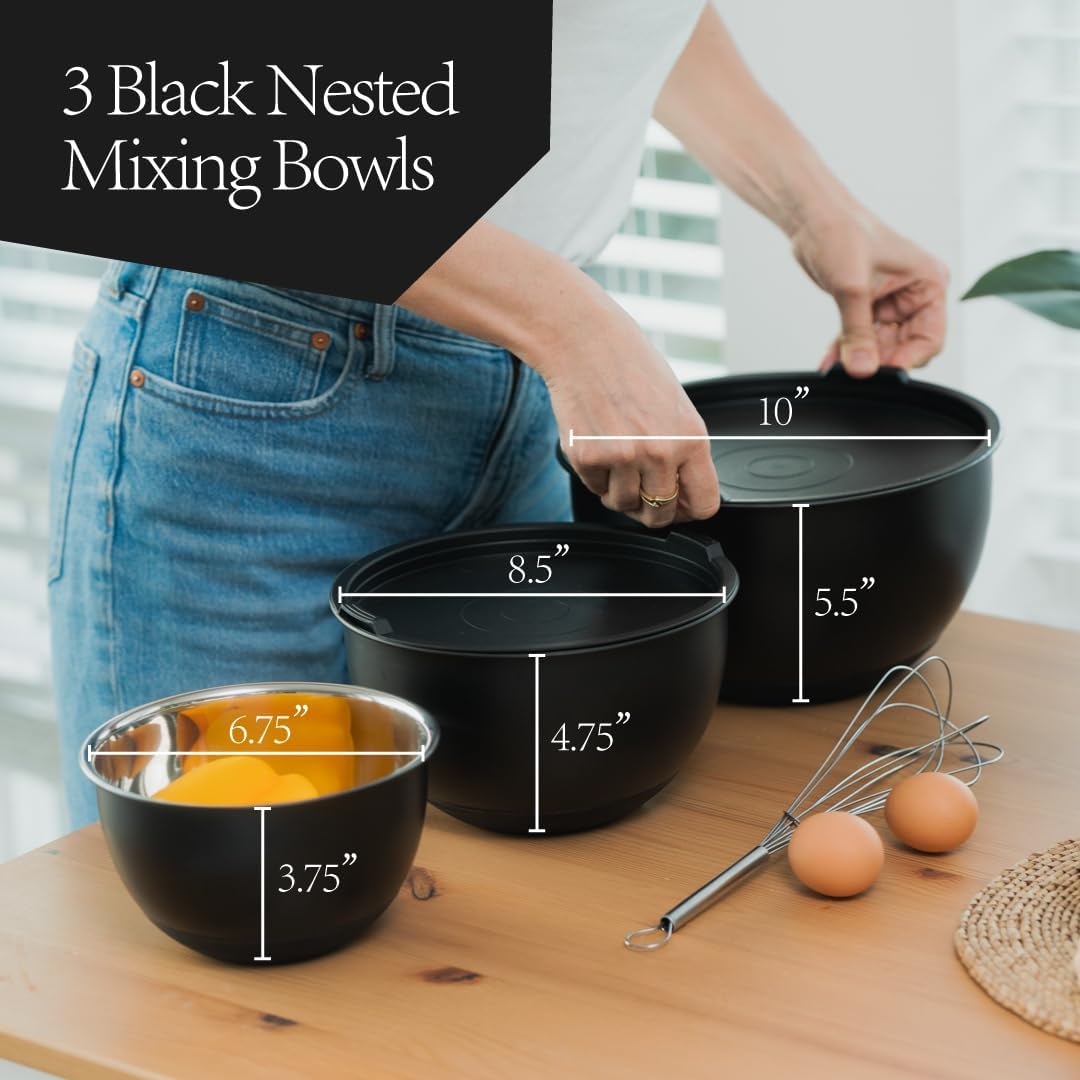 Matte Black Stainless Steel Mixing Bowls with Lids Set (3-Piece) - Nesting Bowls for Cooking, Baking, Salads & Serving - 1.5 QT, 3 QT & 5 QT - Modern Kitchen Essentials by Samma