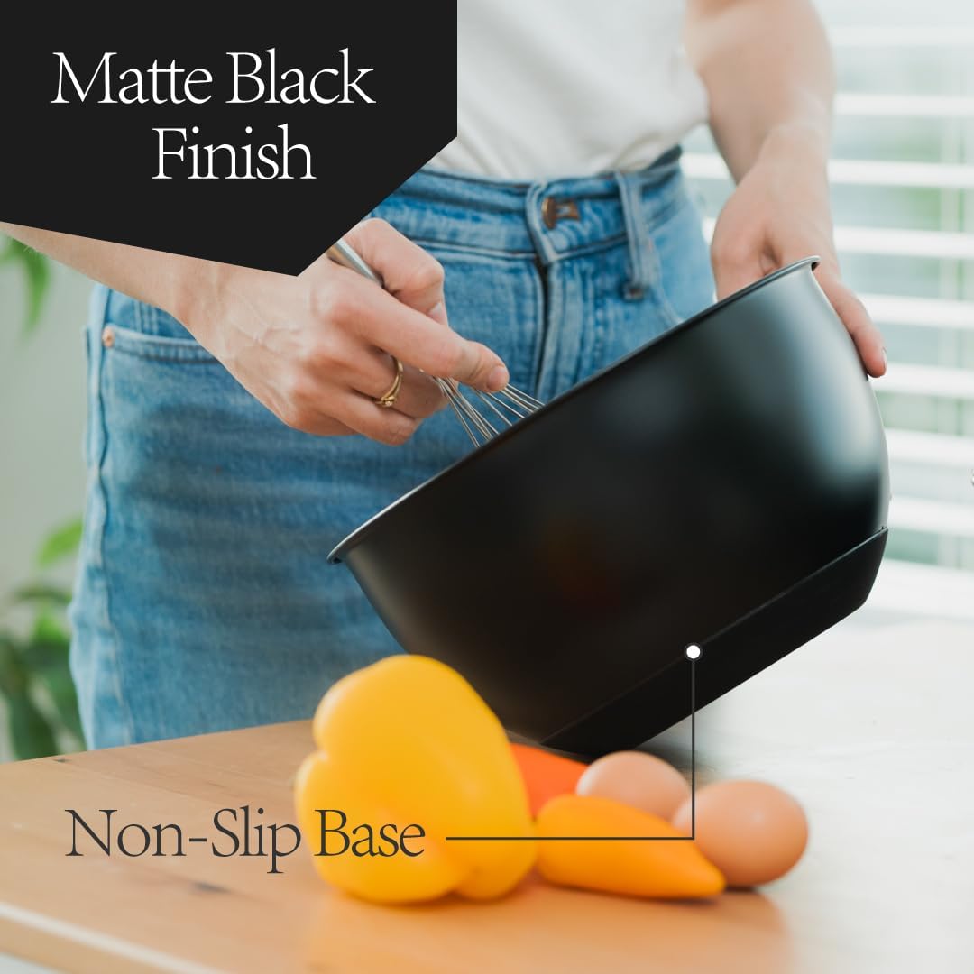 Matte Black Stainless Steel Mixing Bowls with Lids Set (3-Piece) - Nesting Bowls for Cooking, Baking, Salads & Serving - 1.5 QT, 3 QT & 5 QT - Modern Kitchen Essentials by Samma