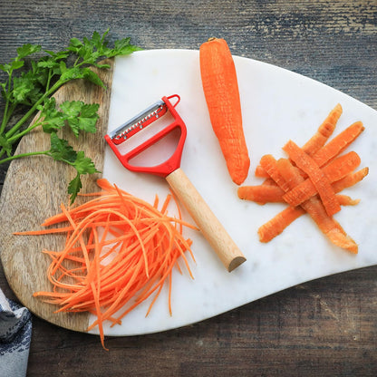 T-DUO Peeler - Beech Wood Handle - Double Stainless Steel Blade - Vegetable Peeler, Preparation of Juliennes - Ideal for Right and Left Handed People - Blue