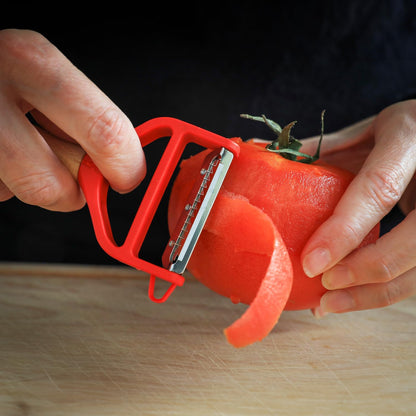 T-DUO Peeler - Beech Wood Handle - Double Stainless Steel Blade - Vegetable Peeler, Preparation of Juliennes - Ideal for Right and Left Handed People - Blue