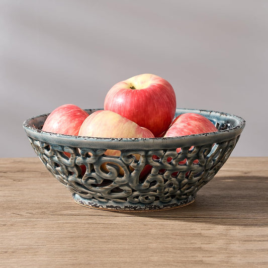 Ceramic Fruit Bowl for Kitchen Counter,Decorative Fruit Basket with Holes, 10.43" Large Hollow Out Fruit Vegetable Holder Bowl for Table Decor, Gray