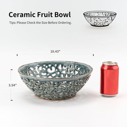 Ceramic Fruit Bowl for Kitchen Counter,Decorative Fruit Basket with Holes, 10.43" Large Hollow Out Fruit Vegetable Holder Bowl for Table Decor, Gray