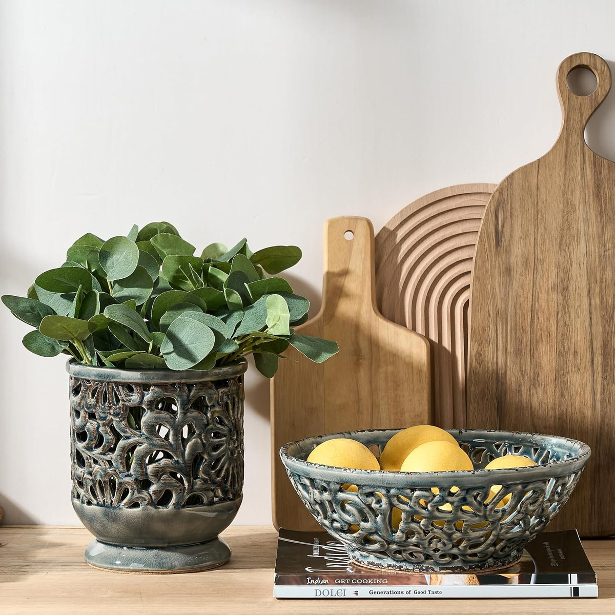 Ceramic Fruit Bowl for Kitchen Counter,Decorative Fruit Basket with Holes, 10.43" Large Hollow Out Fruit Vegetable Holder Bowl for Table Decor, Gray