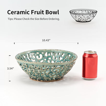 Ceramic Fruit Bowl for Kitchen Counter,Decorative Fruit Basket with Holes, 10.43" Large Hollow Out Fruit Vegetable Holder Bowl for Table Decor, Gray