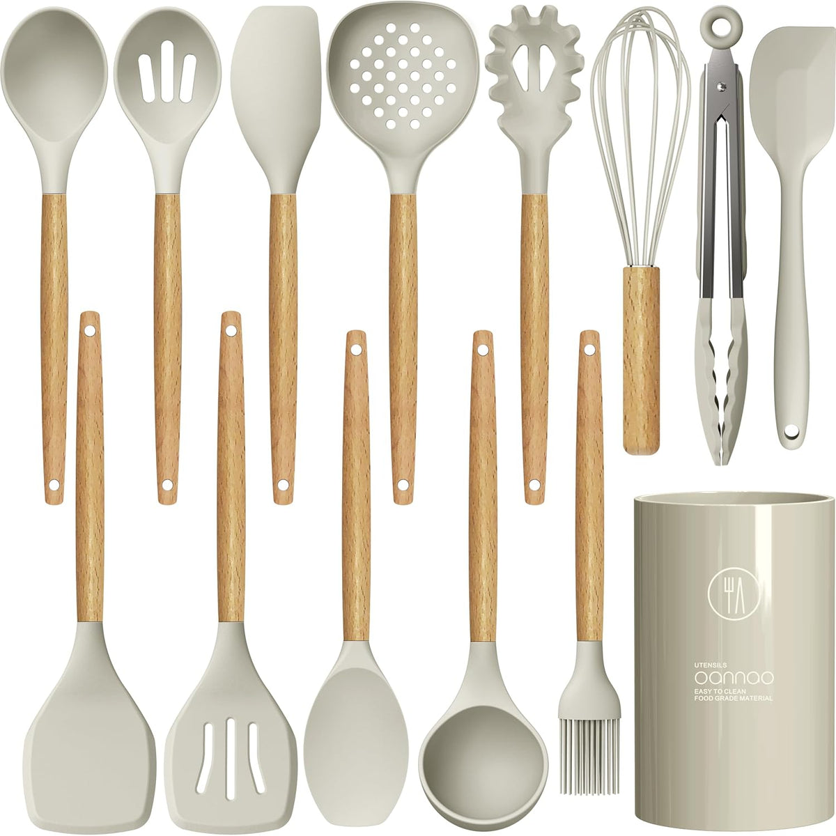 Silicone Cooking Utensils Set - 446°F Heat Resistant Silicone Kitchen Utensils for Cooking,Kitchen Utensil Spatula Set w Wooden Handles, BPA FREE Gadgets for Non-Stick Cookware (Khaki)