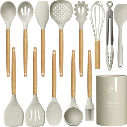 Silicone Cooking Utensils Set - 446°F Heat Resistant Silicone Kitchen Utensils for Cooking,Kitchen Utensil Spatula Set w Wooden Handles, BPA FREE Gadgets for Non-Stick Cookware (Khaki)