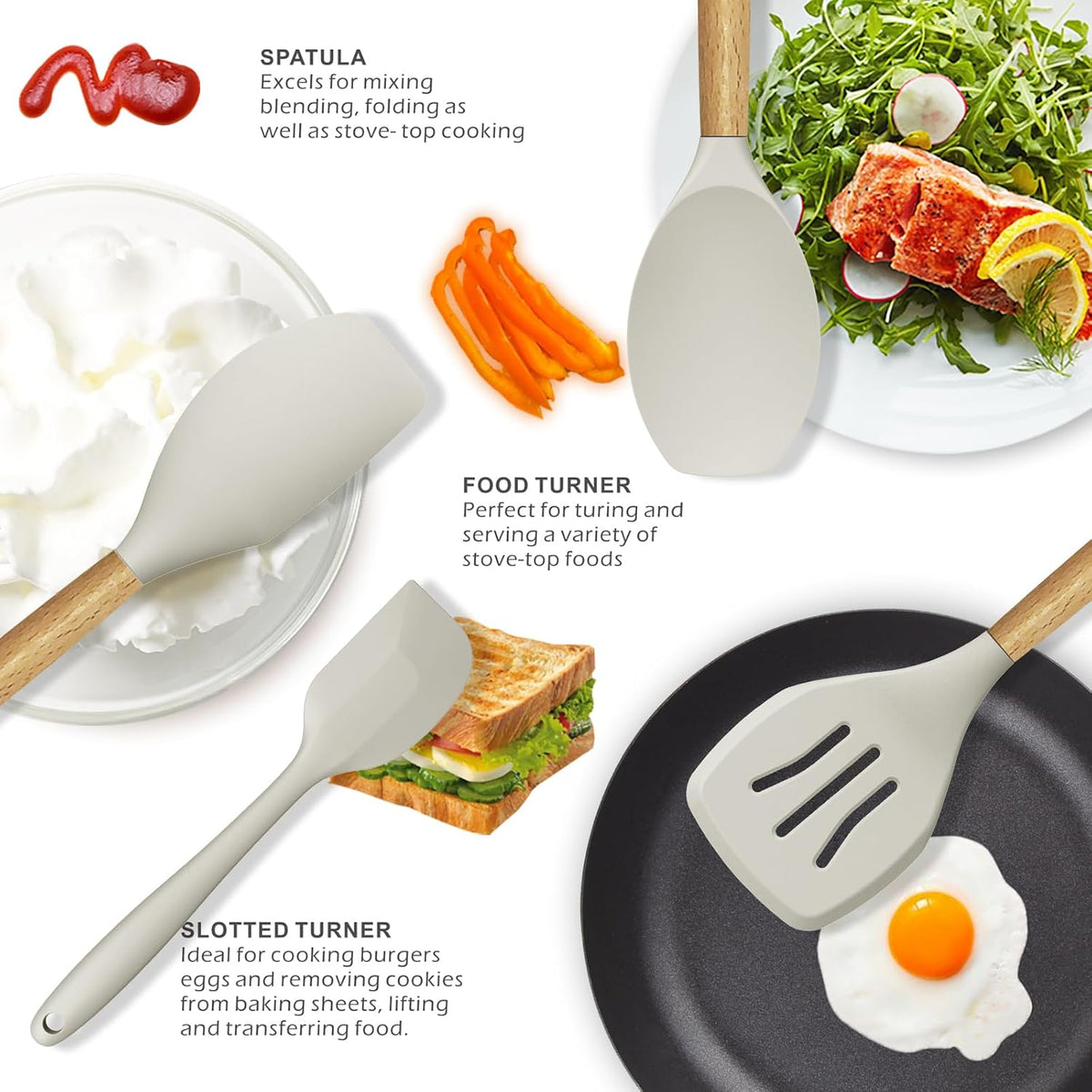 Silicone Cooking Utensils Set - 446°F Heat Resistant Silicone Kitchen Utensils for Cooking,Kitchen Utensil Spatula Set w Wooden Handles, BPA FREE Gadgets for Non-Stick Cookware (Khaki)
