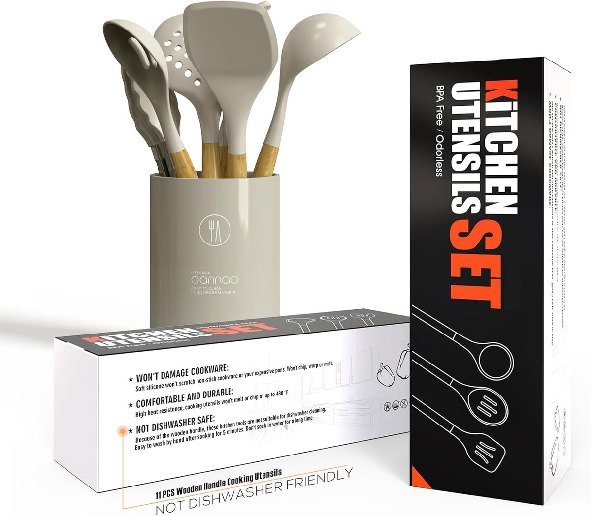 Silicone Cooking Utensils Set - 446°F Heat Resistant Silicone Kitchen Utensils for Cooking,Kitchen Utensil Spatula Set w Wooden Handles, BPA FREE Gadgets for Non-Stick Cookware (Khaki)