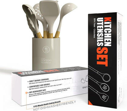 Silicone Cooking Utensils Set - 446°F Heat Resistant Silicone Kitchen Utensils for Cooking,Kitchen Utensil Spatula Set w Wooden Handles, BPA FREE Gadgets for Non-Stick Cookware (Khaki)