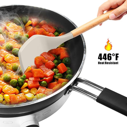 Silicone Cooking Utensils Set - 446°F Heat Resistant Silicone Kitchen Utensils for Cooking,Kitchen Utensil Spatula Set w Wooden Handles, BPA FREE Gadgets for Non-Stick Cookware (Khaki)