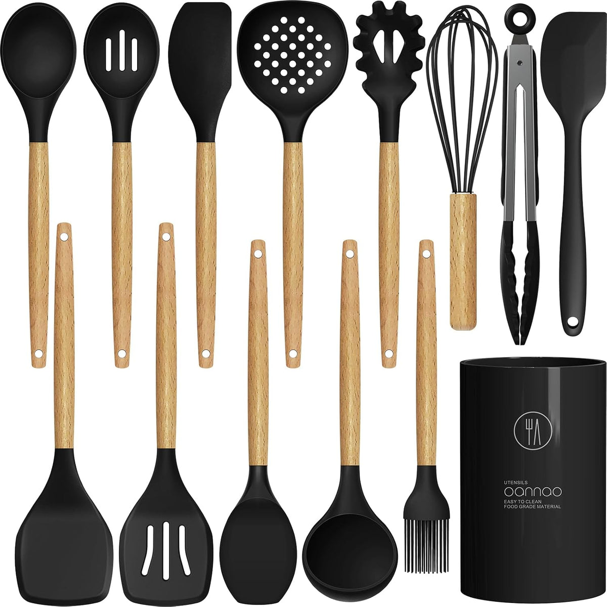 Silicone Cooking Utensils Set - 446°F Heat Resistant Silicone Kitchen Utensils for Cooking,Kitchen Utensil Spatula Set w Wooden Handles, BPA FREE Gadgets for Non-Stick Cookware (Khaki)
