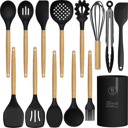 Silicone Cooking Utensils Set - 446°F Heat Resistant Silicone Kitchen Utensils for Cooking,Kitchen Utensil Spatula Set w Wooden Handles, BPA FREE Gadgets for Non-Stick Cookware (Khaki)
