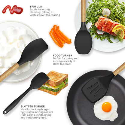 Silicone Cooking Utensils Set - 446°F Heat Resistant Silicone Kitchen Utensils for Cooking,Kitchen Utensil Spatula Set w Wooden Handles, BPA FREE Gadgets for Non-Stick Cookware (Khaki)