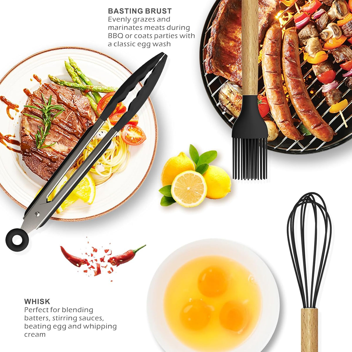 Silicone Cooking Utensils Set - 446°F Heat Resistant Silicone Kitchen Utensils for Cooking,Kitchen Utensil Spatula Set w Wooden Handles, BPA FREE Gadgets for Non-Stick Cookware (Khaki)
