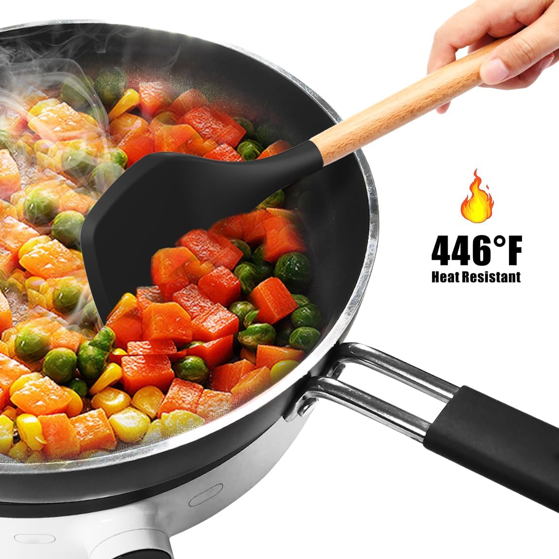 Silicone Cooking Utensils Set - 446°F Heat Resistant Silicone Kitchen Utensils for Cooking,Kitchen Utensil Spatula Set w Wooden Handles, BPA FREE Gadgets for Non-Stick Cookware (Khaki)