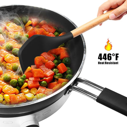 Silicone Cooking Utensils Set - 446°F Heat Resistant Silicone Kitchen Utensils for Cooking,Kitchen Utensil Spatula Set w Wooden Handles, BPA FREE Gadgets for Non-Stick Cookware (Khaki)