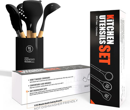 Silicone Cooking Utensils Set - 446°F Heat Resistant Silicone Kitchen Utensils for Cooking,Kitchen Utensil Spatula Set w Wooden Handles, BPA FREE Gadgets for Non-Stick Cookware (Khaki)