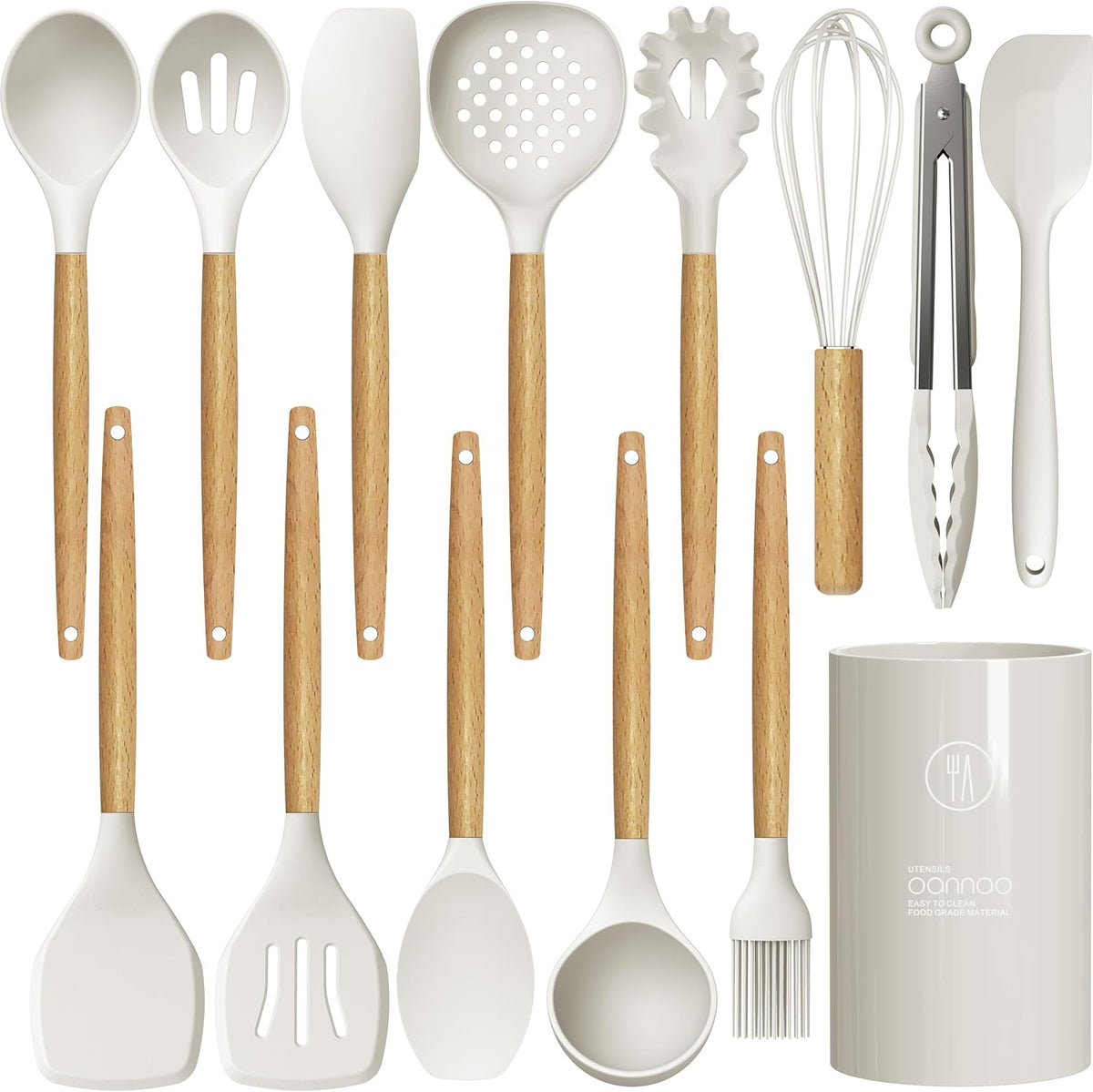 Silicone Cooking Utensils Set - 446°F Heat Resistant Silicone Kitchen Utensils for Cooking,Kitchen Utensil Spatula Set w Wooden Handles, BPA FREE Gadgets for Non-Stick Cookware (Khaki)