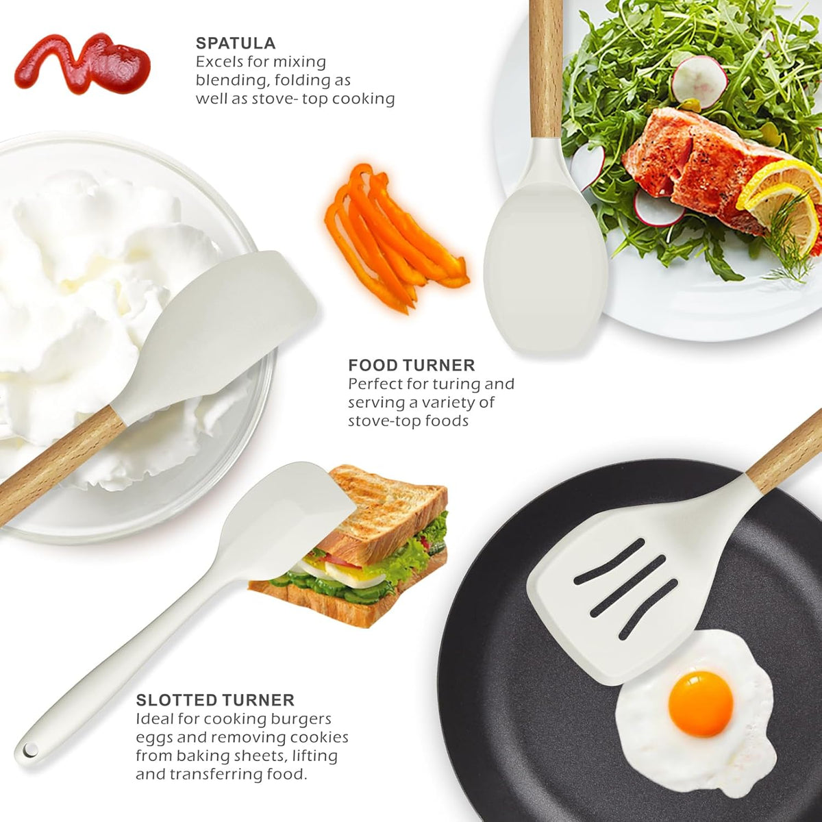 Silicone Cooking Utensils Set - 446°F Heat Resistant Silicone Kitchen Utensils for Cooking,Kitchen Utensil Spatula Set w Wooden Handles, BPA FREE Gadgets for Non-Stick Cookware (Khaki)