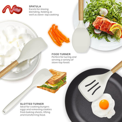 Silicone Cooking Utensils Set - 446°F Heat Resistant Silicone Kitchen Utensils for Cooking,Kitchen Utensil Spatula Set w Wooden Handles, BPA FREE Gadgets for Non-Stick Cookware (Khaki)