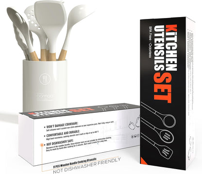Silicone Cooking Utensils Set - 446°F Heat Resistant Silicone Kitchen Utensils for Cooking,Kitchen Utensil Spatula Set w Wooden Handles, BPA FREE Gadgets for Non-Stick Cookware (Khaki)