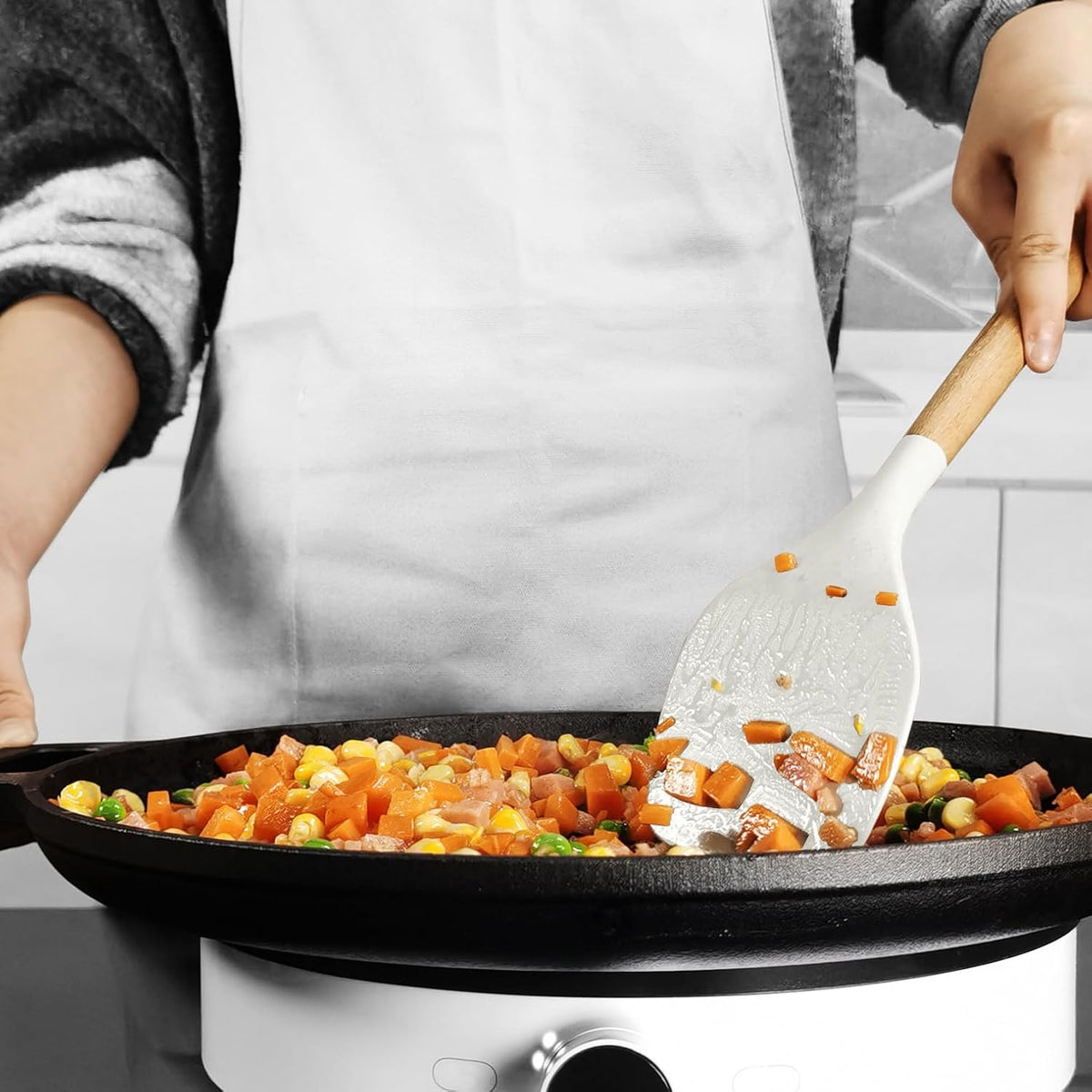 Silicone Cooking Utensils Set - 446°F Heat Resistant Silicone Kitchen Utensils for Cooking,Kitchen Utensil Spatula Set w Wooden Handles, BPA FREE Gadgets for Non-Stick Cookware (Khaki)