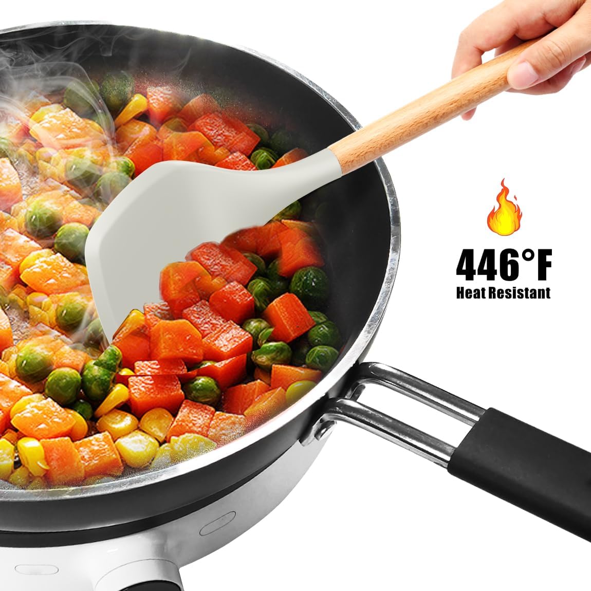 Silicone Cooking Utensils Set - 446°F Heat Resistant Silicone Kitchen Utensils for Cooking,Kitchen Utensil Spatula Set w Wooden Handles, BPA FREE Gadgets for Non-Stick Cookware (Khaki)