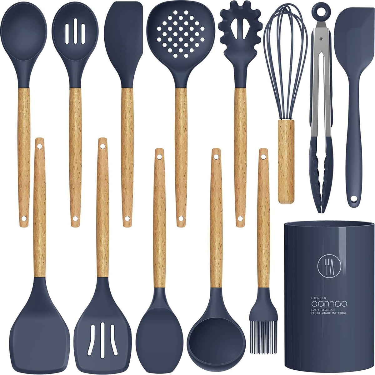 Silicone Cooking Utensils Set - 446°F Heat Resistant Silicone Kitchen Utensils for Cooking,Kitchen Utensil Spatula Set w Wooden Handles, BPA FREE Gadgets for Non-Stick Cookware (Khaki)