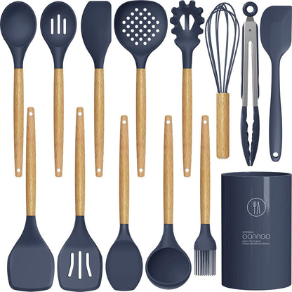 Silicone Cooking Utensils Set - 446°F Heat Resistant Silicone Kitchen Utensils for Cooking,Kitchen Utensil Spatula Set w Wooden Handles, BPA FREE Gadgets for Non-Stick Cookware (Khaki)
