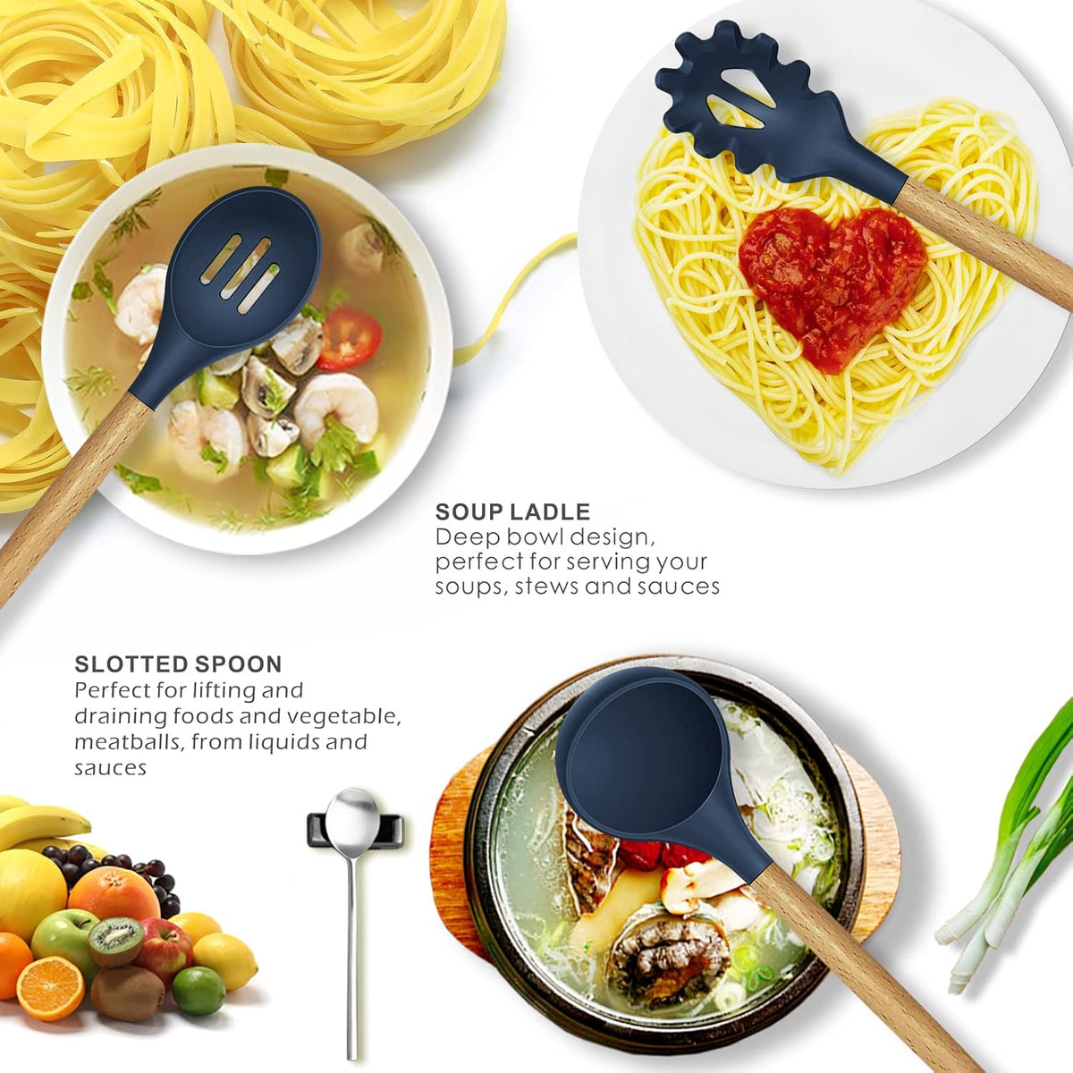 Silicone Cooking Utensils Set - 446°F Heat Resistant Silicone Kitchen Utensils for Cooking,Kitchen Utensil Spatula Set w Wooden Handles, BPA FREE Gadgets for Non-Stick Cookware (Khaki)