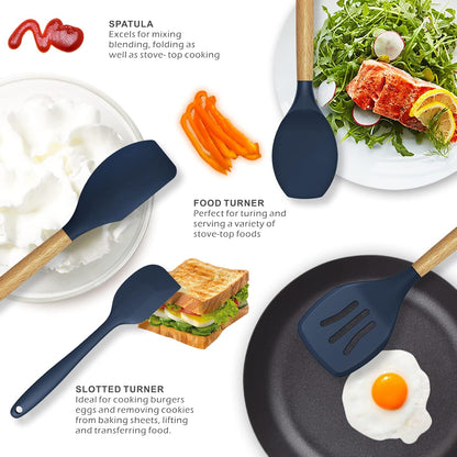 Silicone Cooking Utensils Set - 446°F Heat Resistant Silicone Kitchen Utensils for Cooking,Kitchen Utensil Spatula Set w Wooden Handles, BPA FREE Gadgets for Non-Stick Cookware (Khaki)
