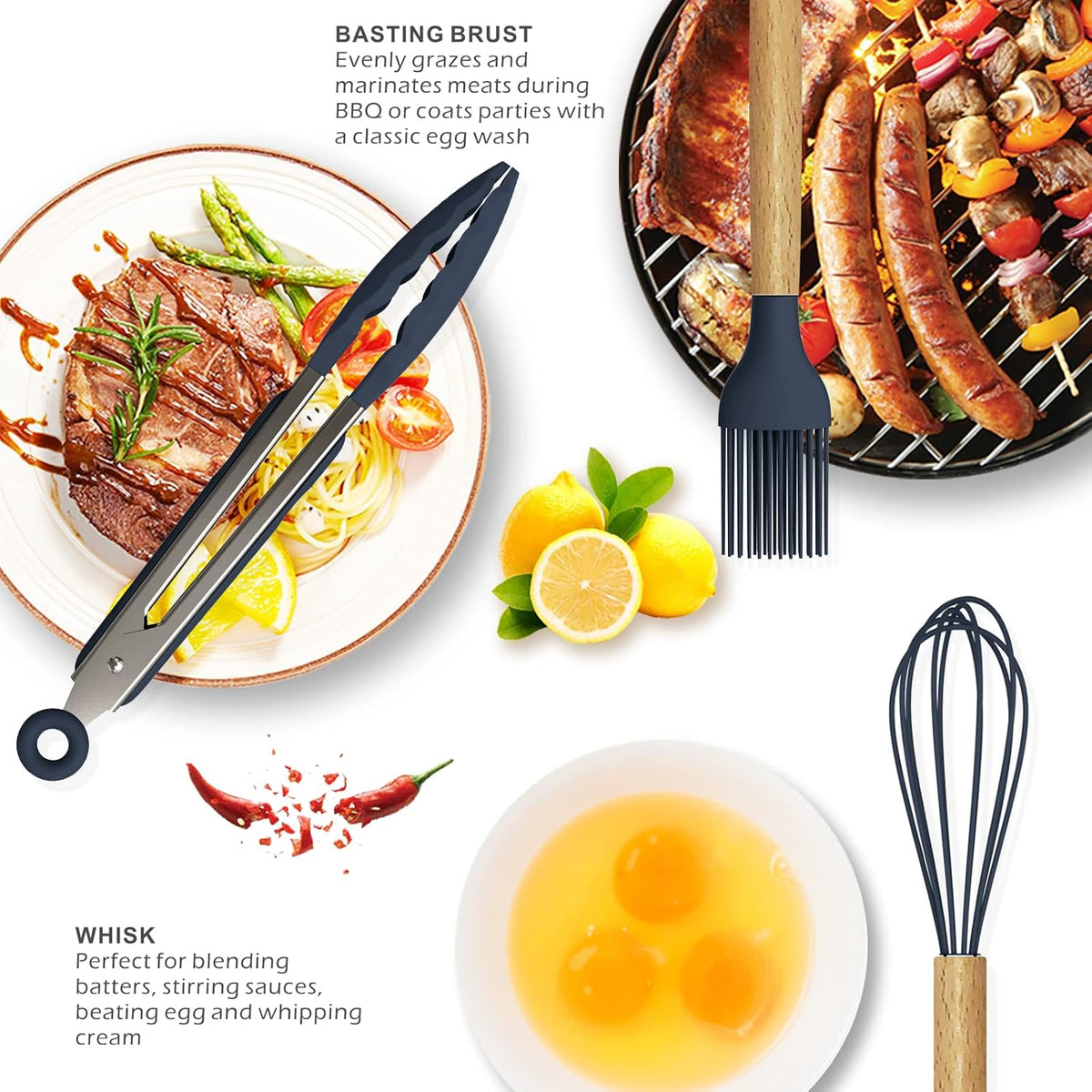 Silicone Cooking Utensils Set - 446°F Heat Resistant Silicone Kitchen Utensils for Cooking,Kitchen Utensil Spatula Set w Wooden Handles, BPA FREE Gadgets for Non-Stick Cookware (Khaki)