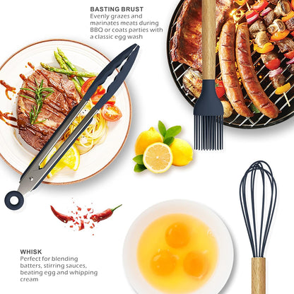 Silicone Cooking Utensils Set - 446°F Heat Resistant Silicone Kitchen Utensils for Cooking,Kitchen Utensil Spatula Set w Wooden Handles, BPA FREE Gadgets for Non-Stick Cookware (Khaki)