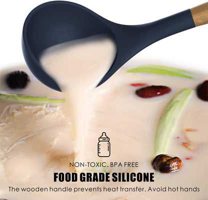 Silicone Cooking Utensils Set - 446°F Heat Resistant Silicone Kitchen Utensils for Cooking,Kitchen Utensil Spatula Set w Wooden Handles, BPA FREE Gadgets for Non-Stick Cookware (Khaki)