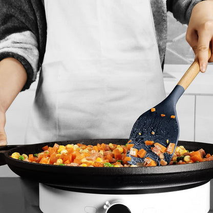Silicone Cooking Utensils Set - 446°F Heat Resistant Silicone Kitchen Utensils for Cooking,Kitchen Utensil Spatula Set w Wooden Handles, BPA FREE Gadgets for Non-Stick Cookware (Khaki)