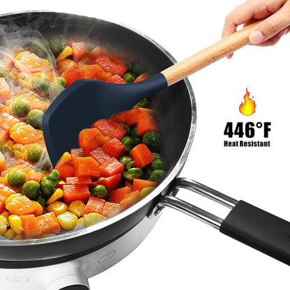 Silicone Cooking Utensils Set - 446°F Heat Resistant Silicone Kitchen Utensils for Cooking,Kitchen Utensil Spatula Set w Wooden Handles, BPA FREE Gadgets for Non-Stick Cookware (Khaki)